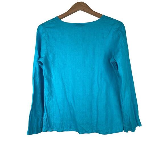 Talbots Petites Women's S Turquoise Blue Irish Linen Tie Neck Blouse - Picture 4 of 6